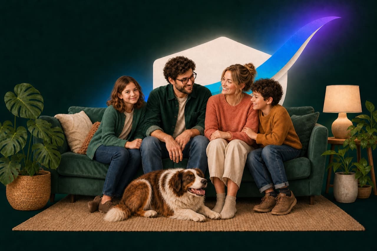 The BudgetHeld family with their two children and dog on the sofa.